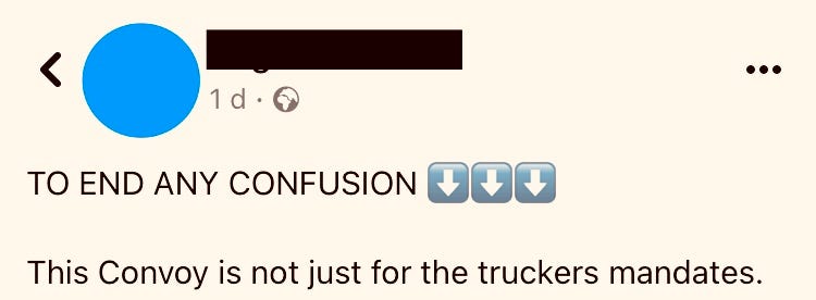 Screenshot of a Facebook post that claims it will end the confusion about what the trucker convoy in Canada is for. The full text of the post is in the article below.