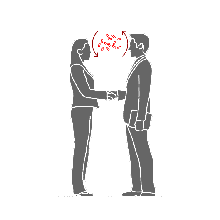 A woman and a man shaking hands and a visualization of microbes being exchanged between them