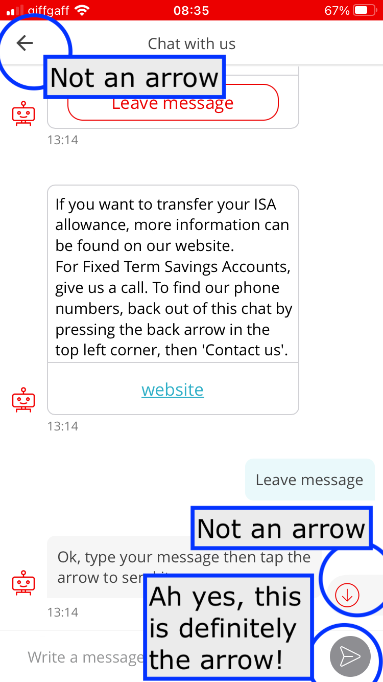 Screenshot of conversation with chatbot, “Sandi”. Annotated arrows in three places in the window — a send icon next to the message, and two other arrows — one that’s back and one that points downwards.