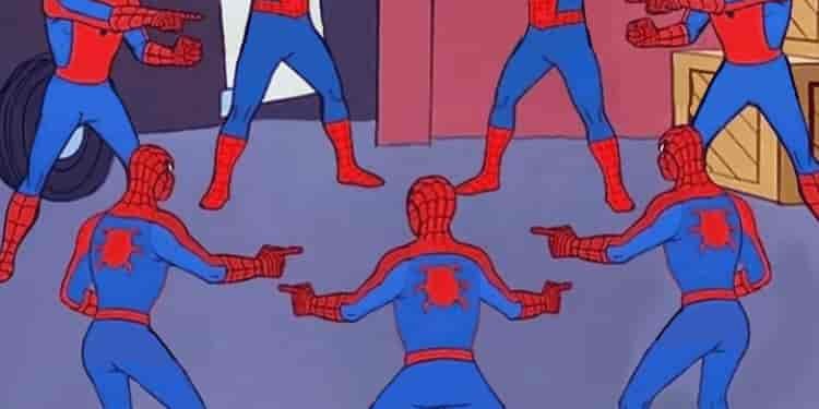 Seven versions of Spider-man pointing at each other in confusion