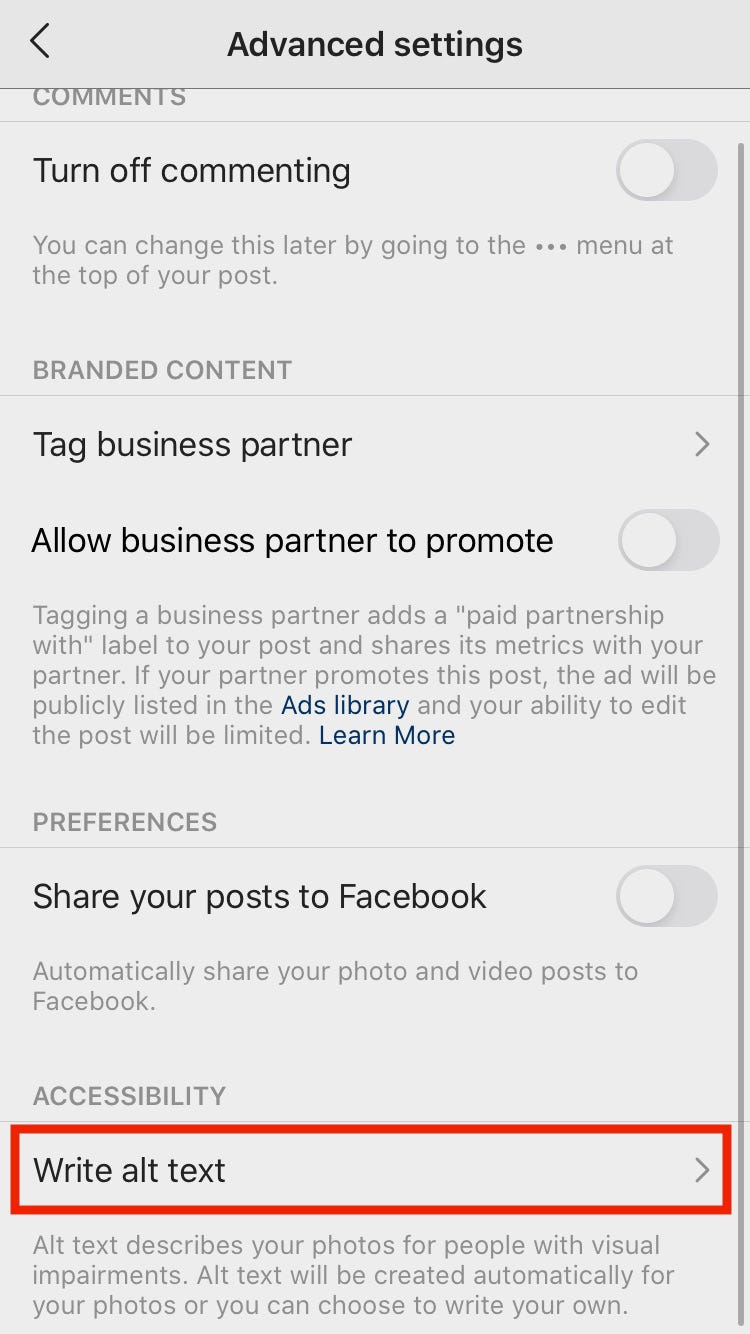 Screenshot of Instagram’s ‘Advanced settings’ menu, highlighting the ‘Write alt text’ option.