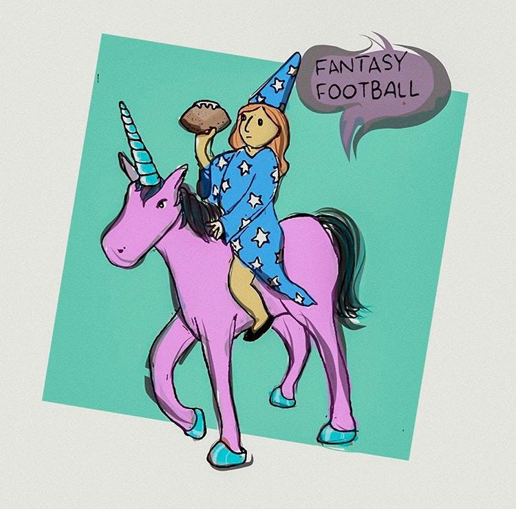 a lady wizard riding a unicorn and holding a football with text fantasy football