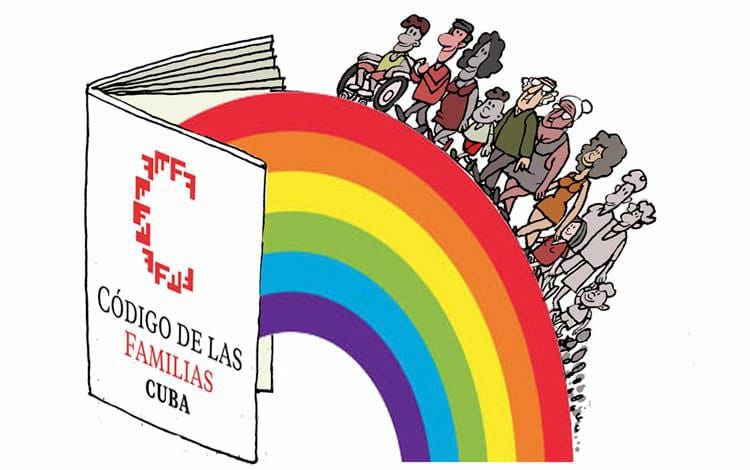 Personas diversas caminan por un arcoíris hacia el interior de un libro. Título: Código de las Familias Cuba