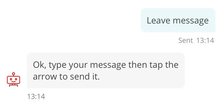 Screenshot of conversation with chatbot, “Sandi”. Customer: Leave message. Sandi: Ok, type your message then tap the arrow to send it.