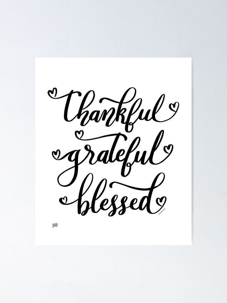 A poster that says “thankful grateful blessed” in curly font and hearts