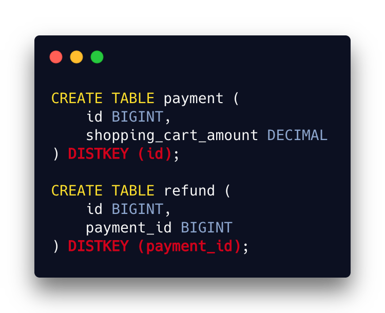 Another CREATE TABLE statement, this time using DISTKEY