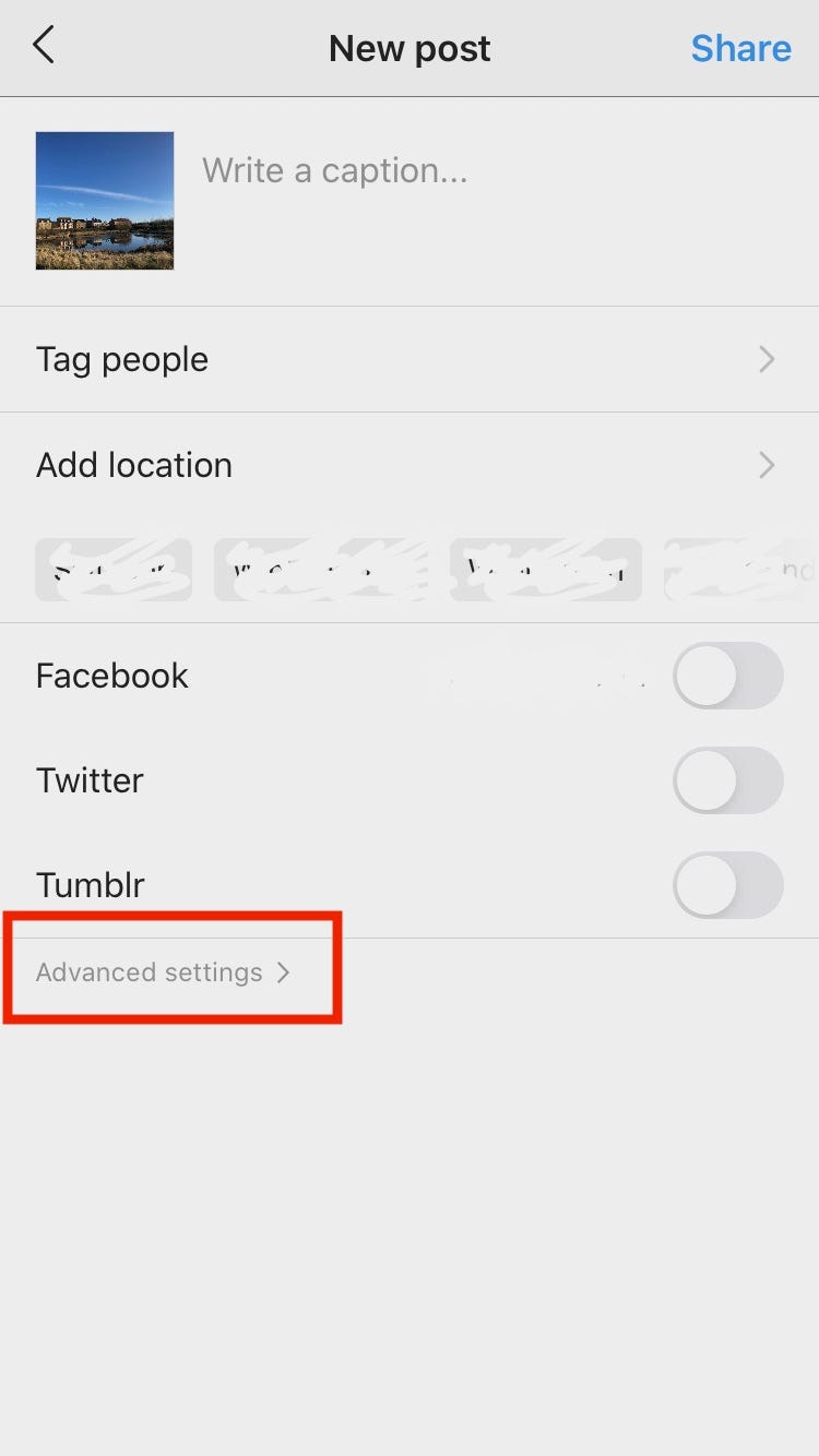 Screenshot of Instagram’s options when creating a new post, highlighting the ‘Advanced settings’ options.