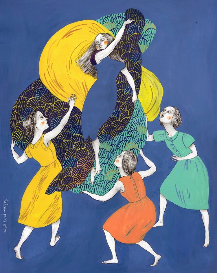 A painting of a scene from the novel 100 Years of Solitude. It depicts the character of Remedios who floats off to the heavens, holding different colored bed sheets in her hands. Three other women stare at her and try to reach for her.