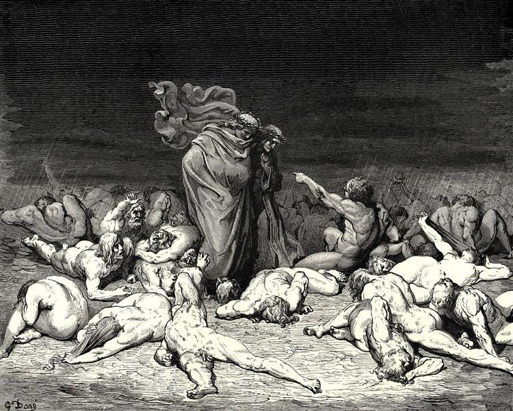 Sinners and Ciacco arising from the crowd, Inferno Canto 6, engraving of Gustave Dore.