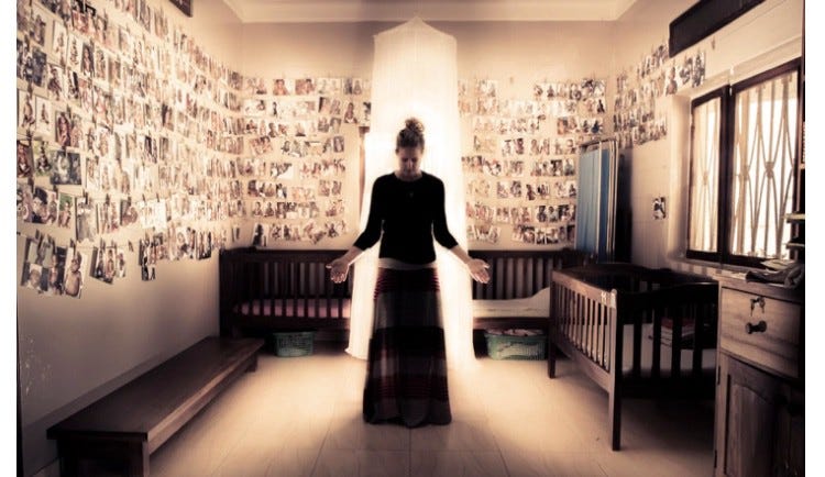 Renee Bach in a now infamous photo, presenting herself as a saintly figure, surrounded by images of starving Black children