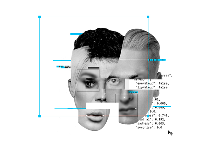A collage of faces of people with different genders, having facial recognition graphics overlaid on them.