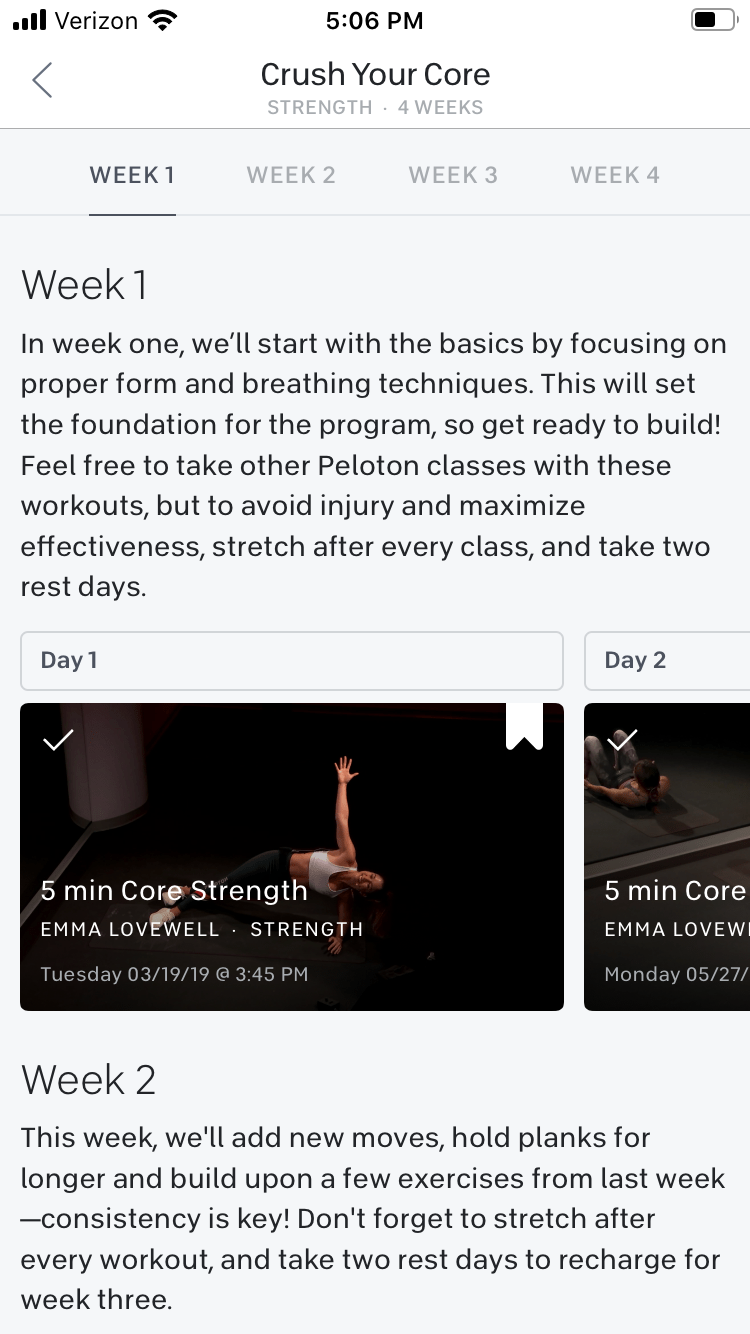 A screenshot of the “Programs” section of the Peloton app, only available on iPhone.