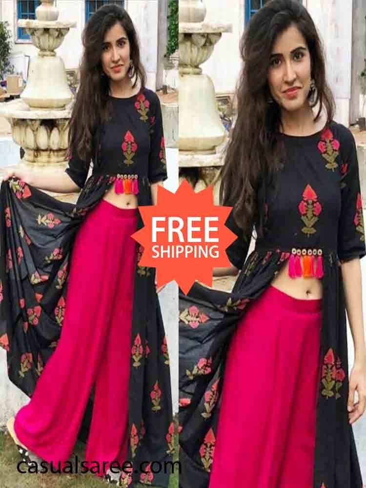 Black Pink Rayon Kurti Plazzo-indian Fashion Designers