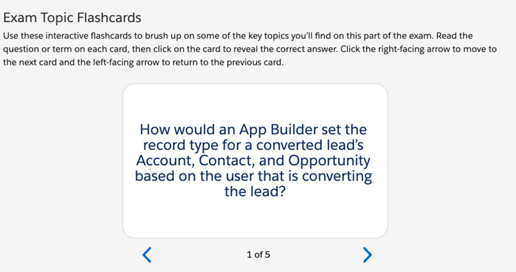 An example of a flashcard from the Study for the Platform App Builder Exam trail on Trailhead.