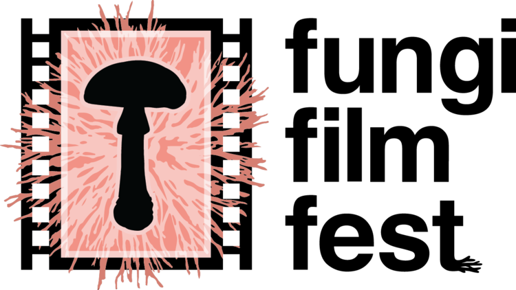 The logo of Fungi Film Festival, showing a mushroom surrounded by mycelium, on a background of a film celluloid.