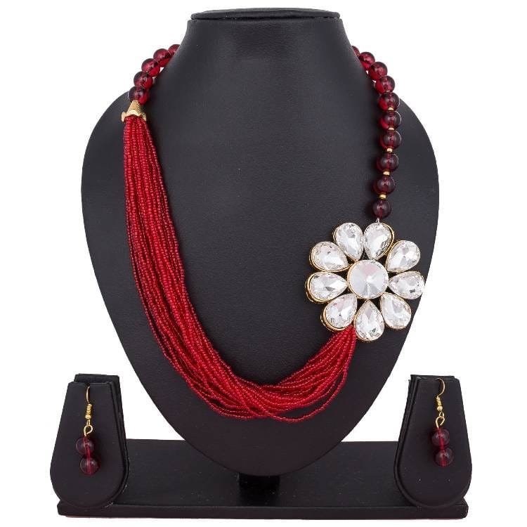 Red Pearls and Crystal Beaded Necklace Set