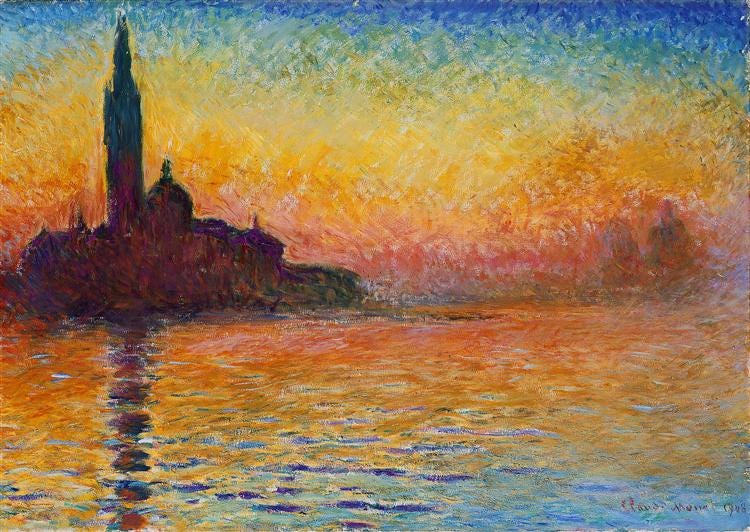 San Giorgio Maggiore al Crepuscolo is approximately two-by-three feet and painted in oil on canvas. It depicts mysterious buildings that seem to magically appear from the surrounding landscape, they almost seem to float in the background. The forms are gently inserted, though not enough to disguise their identity. The painting focuses on the Church of San Giorgio Maggiore with its bell tower rising to the top of the painting.