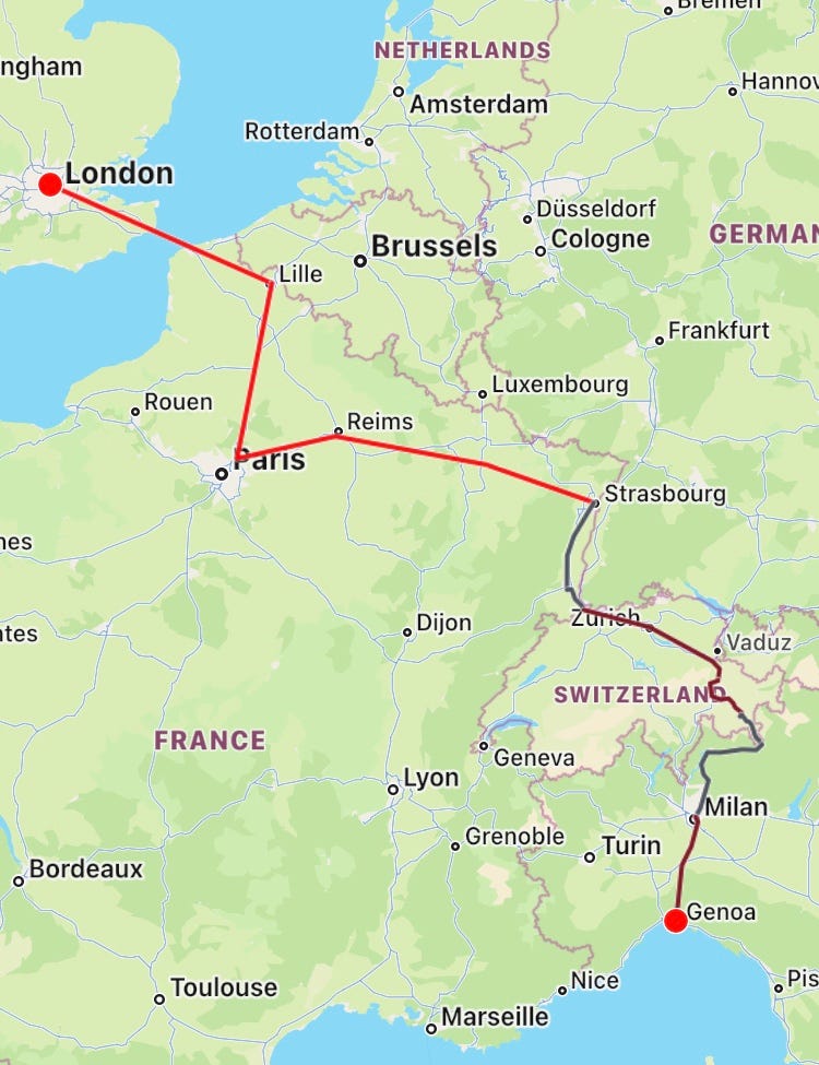 Map of Europe showing a route from London, through Paris, Strasbourg, Basel, Zurich, a winding route through Switzerland and the North of Italy, through Milan to Genoa.