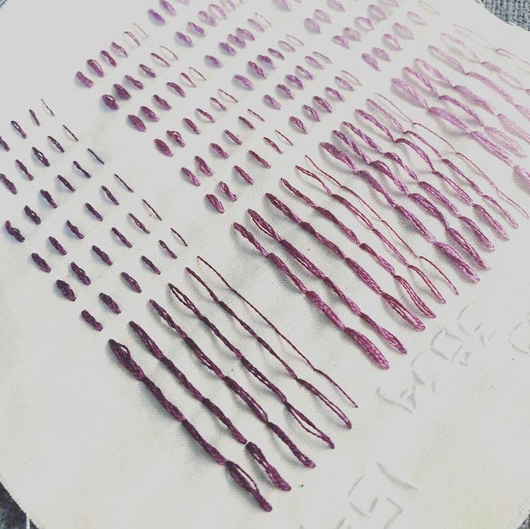 Closeup photo of stitches on fabrics, purple thread on unbleached muslin. Each row of stitches is simple, six dashes and one long continuous line. Each row increases in thickness, from one to six threads. There are multiple sections of six rows, to show different shades of purple.