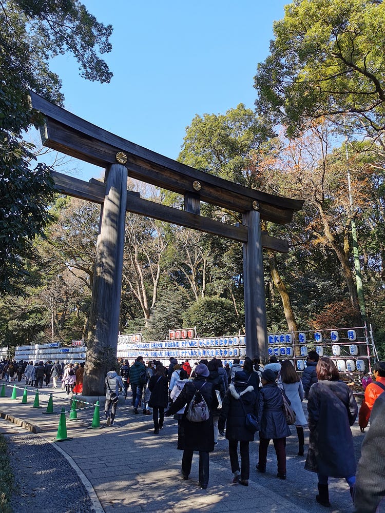 New Year's visitors line up at Meiji Shrine in Tokyo.