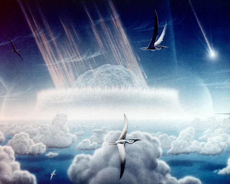 Artist’s rendering of the Chicxulub impact — image courtesy of NASA, Donald E. Davis and public domain.