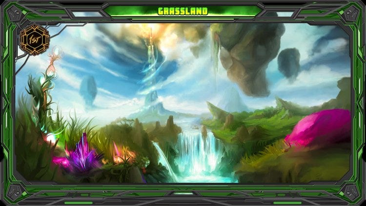 The Grassland Plot NFT features a scene from this  alien world with a waterfall, vibrant plant life, floating mountains and, in the distance, what seems to be a spiraling tower that reaches to the sky.