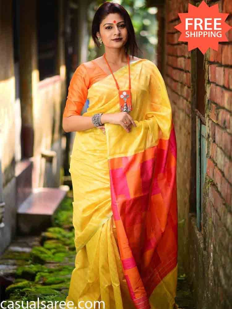 yellow soft tussar-silk-saree