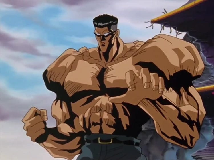 A screencap of Younger Toguro from the YuYu Hakusho anime. He’s extremely muscular and wears very small shades.