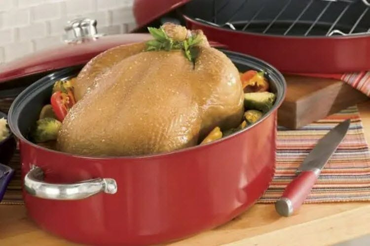 A red roasting pan on a counter, filled with a turkey and mixed vegetables, with a red-handled knife nearby.