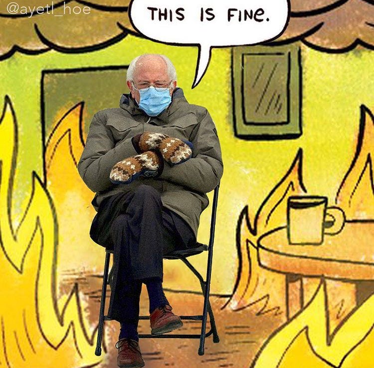 Bernie Sanders sitting in a folding chair with his arms crossed, wearing handmade, brown mittens, an army green coat, and a blue disposable mask. He’s been photoshopped into a cartoon room that is completely engulfed in flames, but has a speech bubble over his head that says “This is fine.”