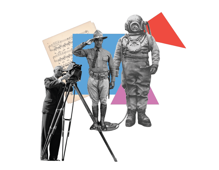 Black-and-white photographs of a white man in a suit looking through the viewfinder of a camera on a tripod, a Black man in uniform saluting, and an underwater diver standing at attentiion are at the center of a collage consisting also of a yellowed sheet of music, a blue square, a pink triangle, and a red triangle