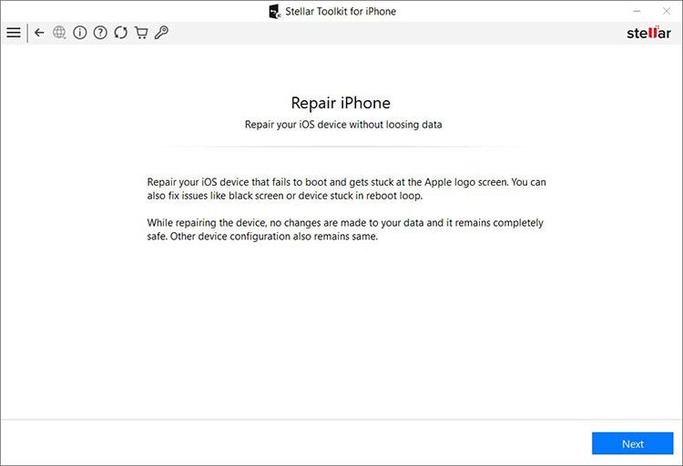 Stellar Toolkit for iPhone- Select Next to proceed with resetting iPad