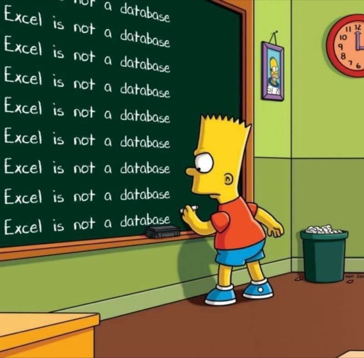 Caricature of Bart Simpson doing the line ‘Excel is not a database.’ at the blackboard