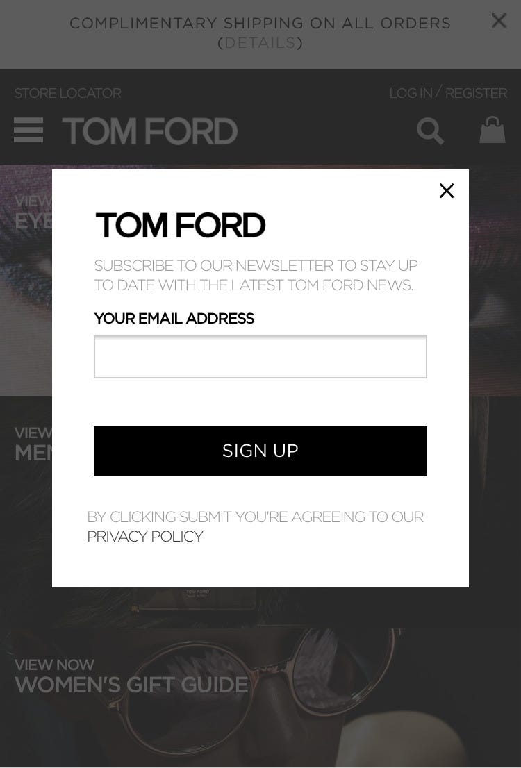 Mobile Popup example from Tom Ford