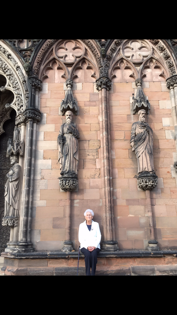 Granny sat in front of the iconic Lichfield Cathedral