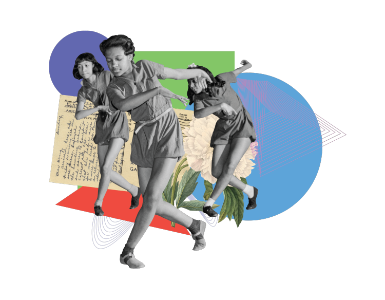 A black-and-white photograph of three young Black women doing a choreographed dance routine are at the center of a collage consisting also of purple circle, a green square, and a blue circle, a red triangle, a yellowed postcard, and a botanical photograph of a white carnation.