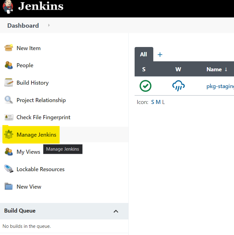 Page showing where to go to Manage Jenkins