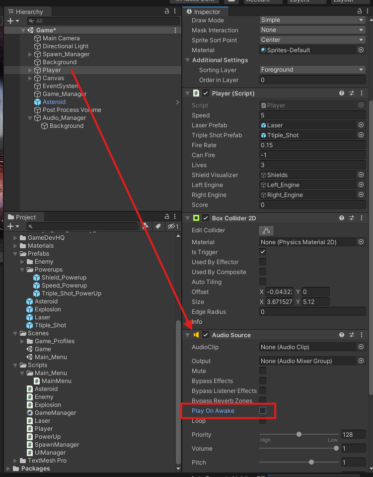 Screenshot of Unity hierarchy displaying the Audio Source component added to the Player, with Play on Awake unchecked.