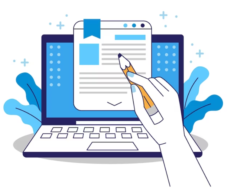 The image is a cartoon. A laptop with a light-blue screen sits on a desk. A person’s hand is holding a pencil up to the screen as if they are editing a document.