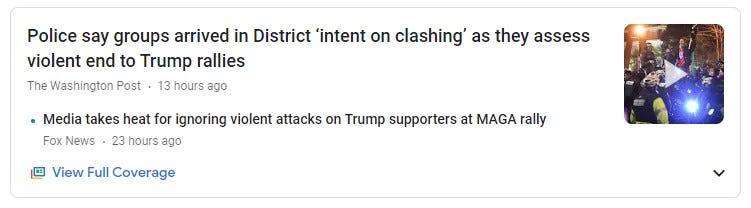 Google News displays two contrasting opinions on violence in protests, both of which can’t be true at the same time.