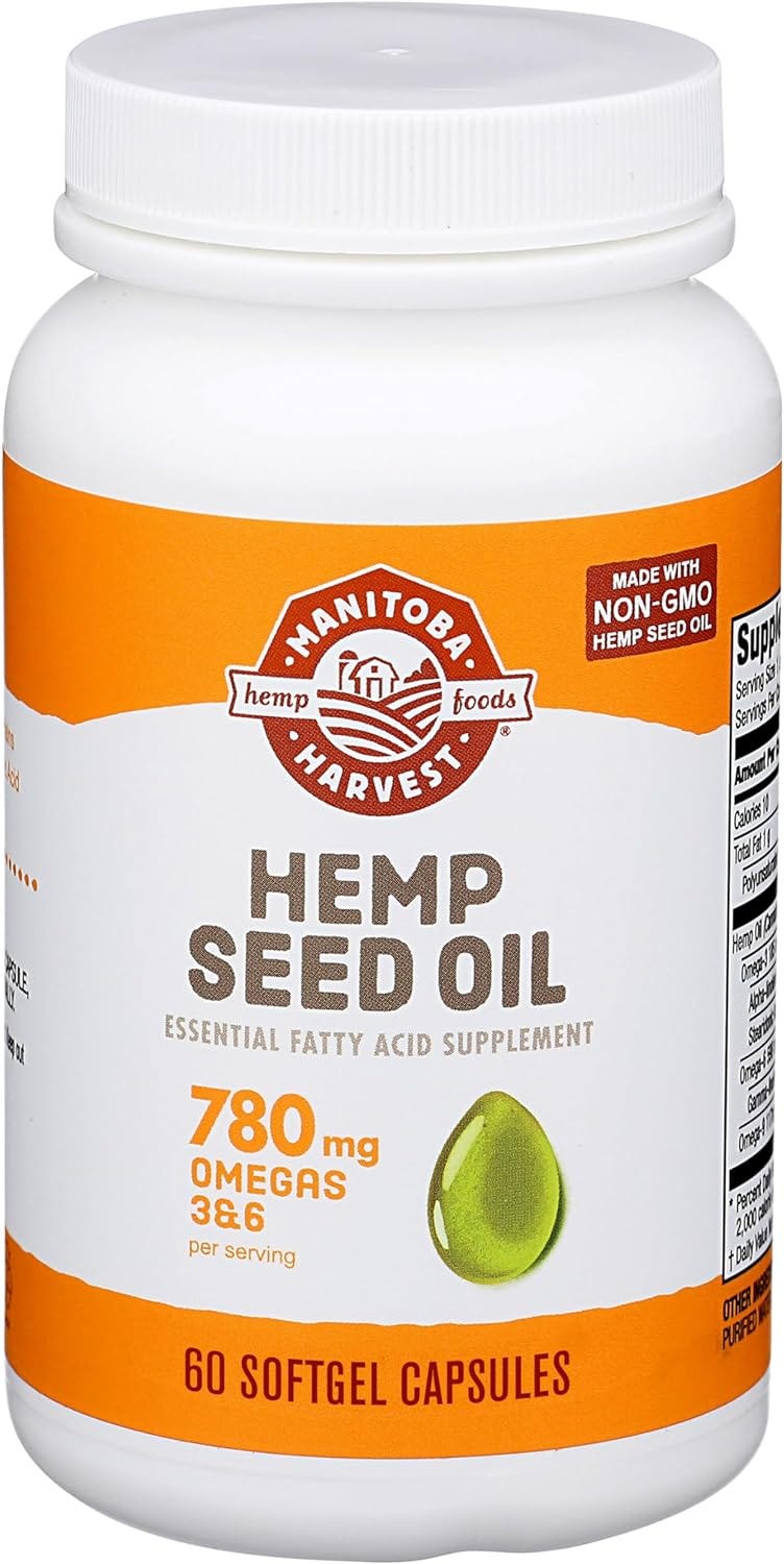 Manitoba Harvest Hemp Seed Oil Softgels, 2,475mg of Plant Based Omegas 3,6  9 per serving including GLA, Fish Oil Alternative, 60 Count (Pack of 1) Packaging May Vary