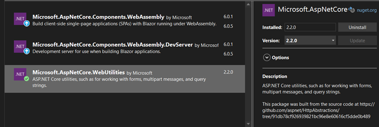 Installing the Microsoft.AspNetCore.WebUtilities 2.2.0 NuGet package