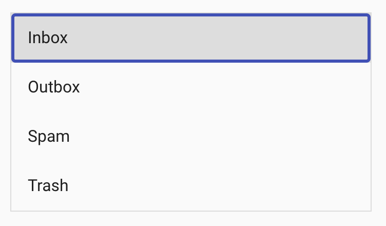 Action list focus state shows “Inbox” list-item is focused.