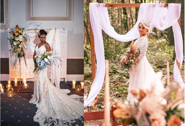 Left image: bride posing in front of an ornate white wooden screen, decorated with flowers and white drapery. Right image: bride posing in a forest in front of a rustic wooden arch, decorated with pink drapery.