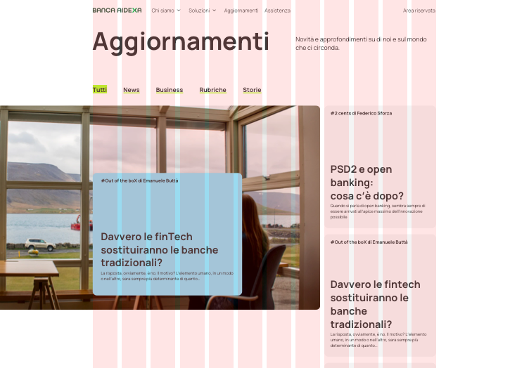 Part of the blog landing page, with the grid columns highlighted. The cover image extends outside the grid to the left border of the viewport.