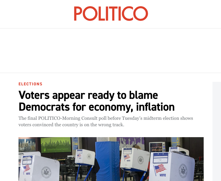 Screenshot of Politico headline that reads, Voters appear ready to blame Democrats for economy, inflation.