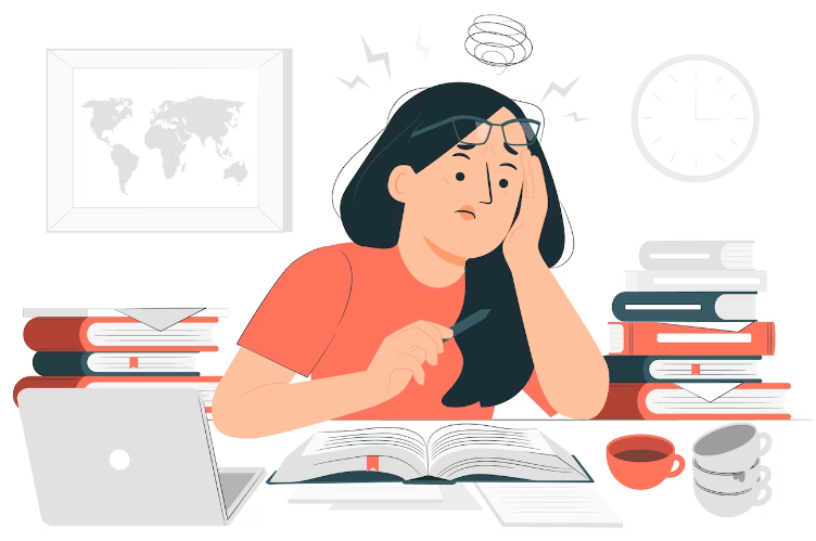 A cartoon woman with dark hair sitting at a desk looking stressed about writing/reading.