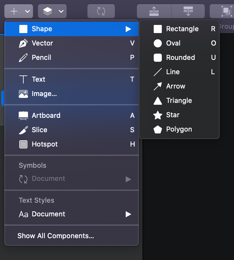 A screenshot of Sketch’s Shapes panel, which is present in the Toolbar.