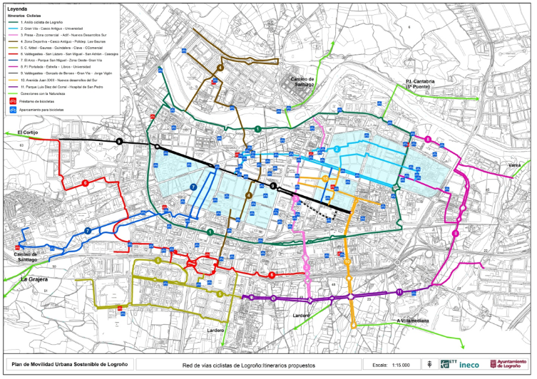 Mapa de itinerarios y vías ciclistas propuestas en el PMUS de Logroño