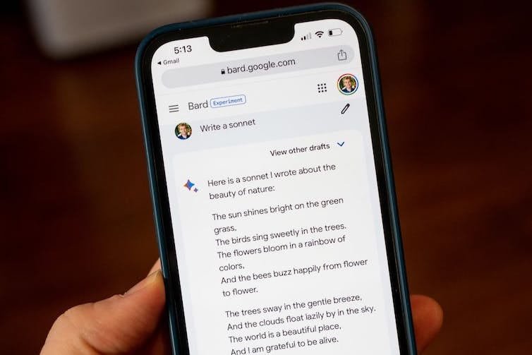 A phone showing Google’s Bard, with the prompt “write a sonnet”